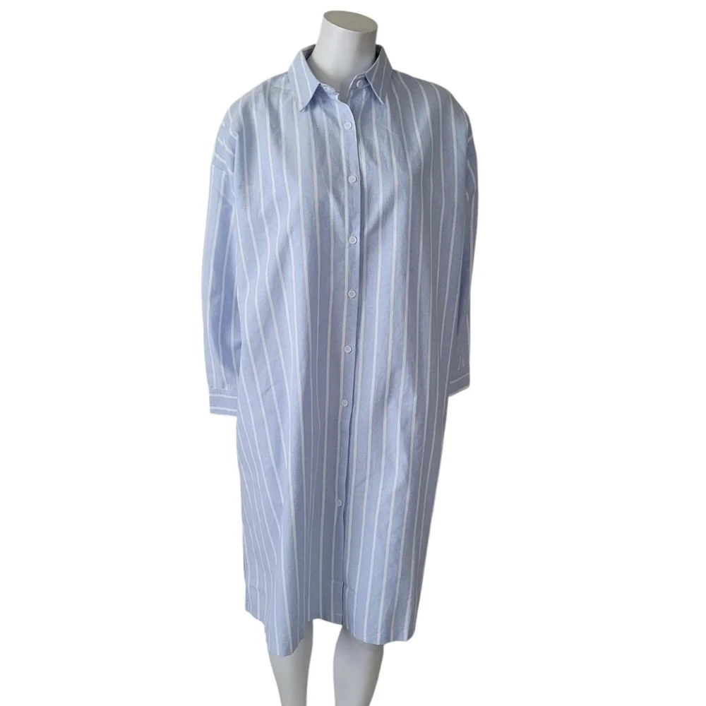 Million‎ Colors Blue Striped Midi Shirt Dress Long Sleeve Linen Cotton